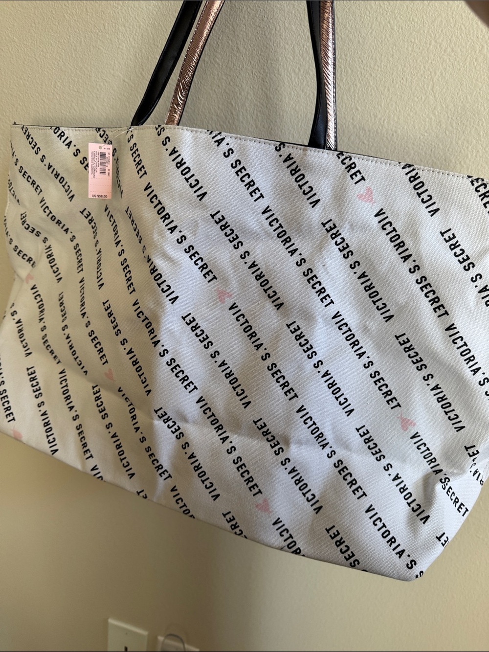 Victoria's Secret White Tote with Pink Heart Accents and Black Logo Print